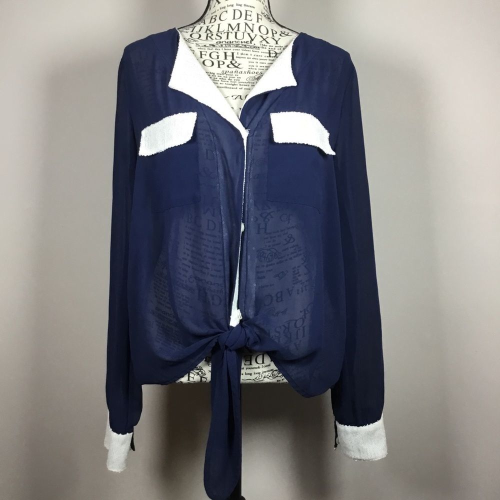 Navy blue sheer tie front blouse silver sequin collar cuff and pocket tops sz L